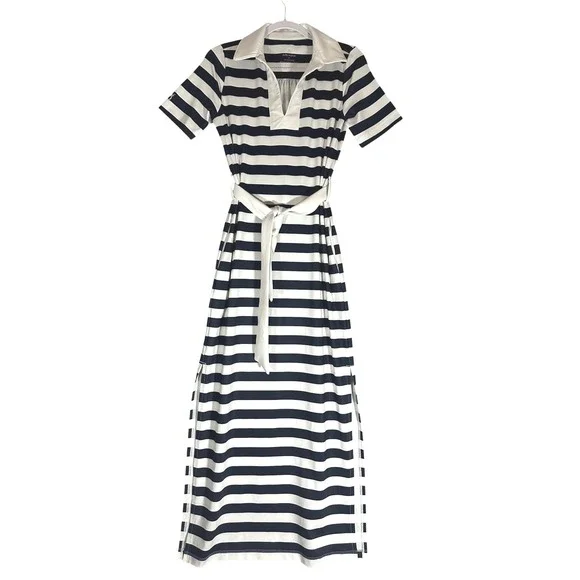 Dudley Stephens Madaket Maxi in Navy Cabana Stripe Sz S Belted Polo Collar Luxe - Picture 2 of 13